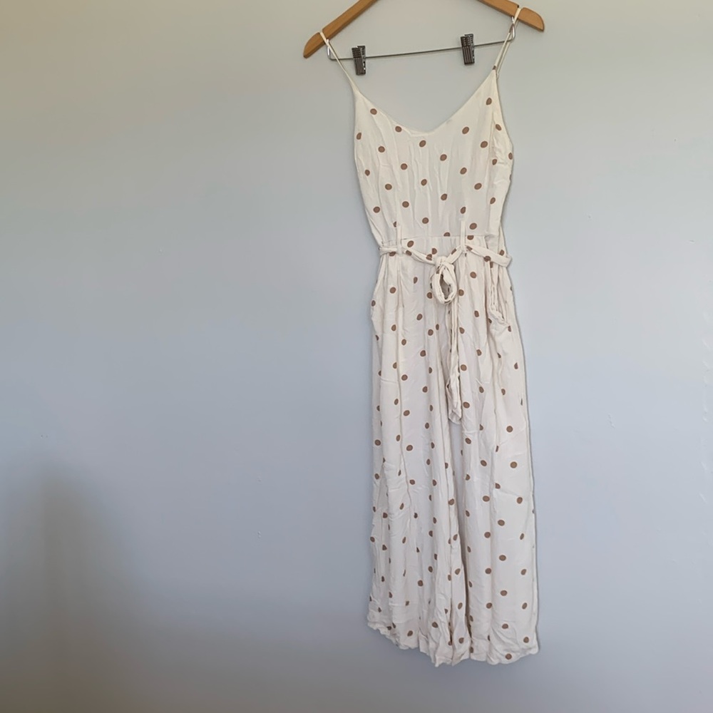 American Eagle Outfitters Cream Wide Leg Jumpsuit with Tan Polkadots 0